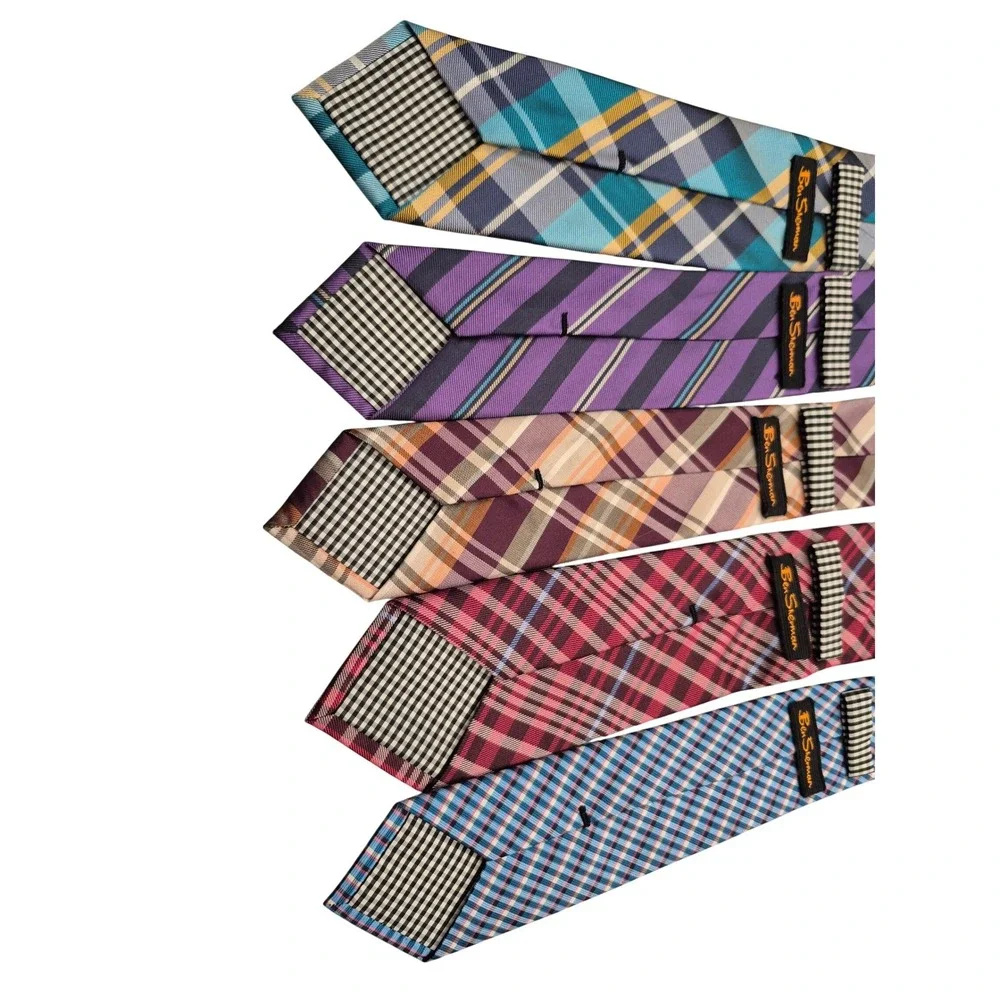Ben Sherman Mens Silk Necktie Lot 5 Plaid Striped Gingham Teal Purple Red Orange